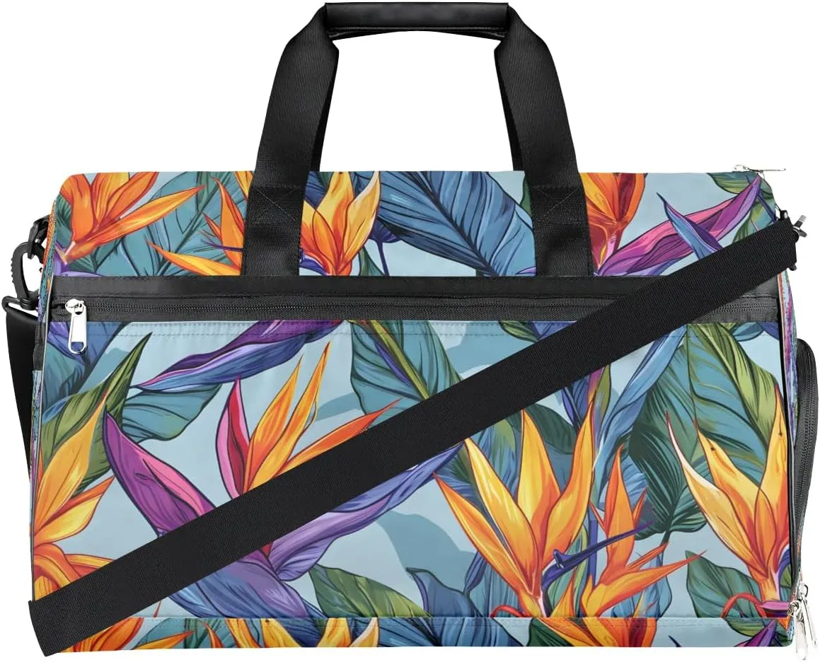 Sports Gym Bag for Women Men,Tropical Leaves Flower Waterproof Overnight Bag with Shoe Compartment, Travel Duffel Bag Carry On Weekender Bag for Beach Swim Pool Workout,BAG-395