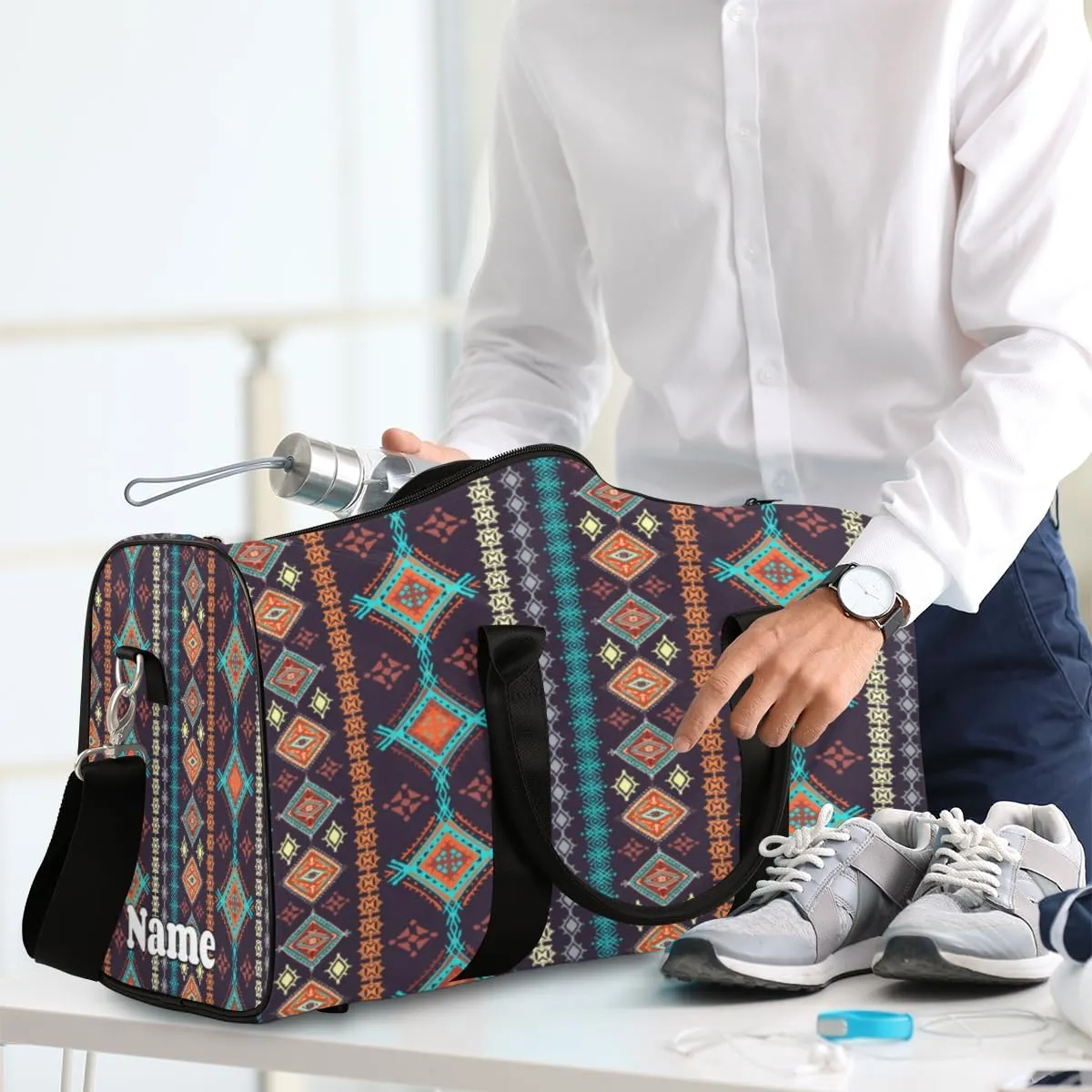 Sports Gym Duffel Bag Customized Name for Women & Men, Aztec Ethnic Tribes Waterproof Tote Beach Bag Foldable Personal Item Travel Bag for Weekender Overnight Dance Carry-On Bag