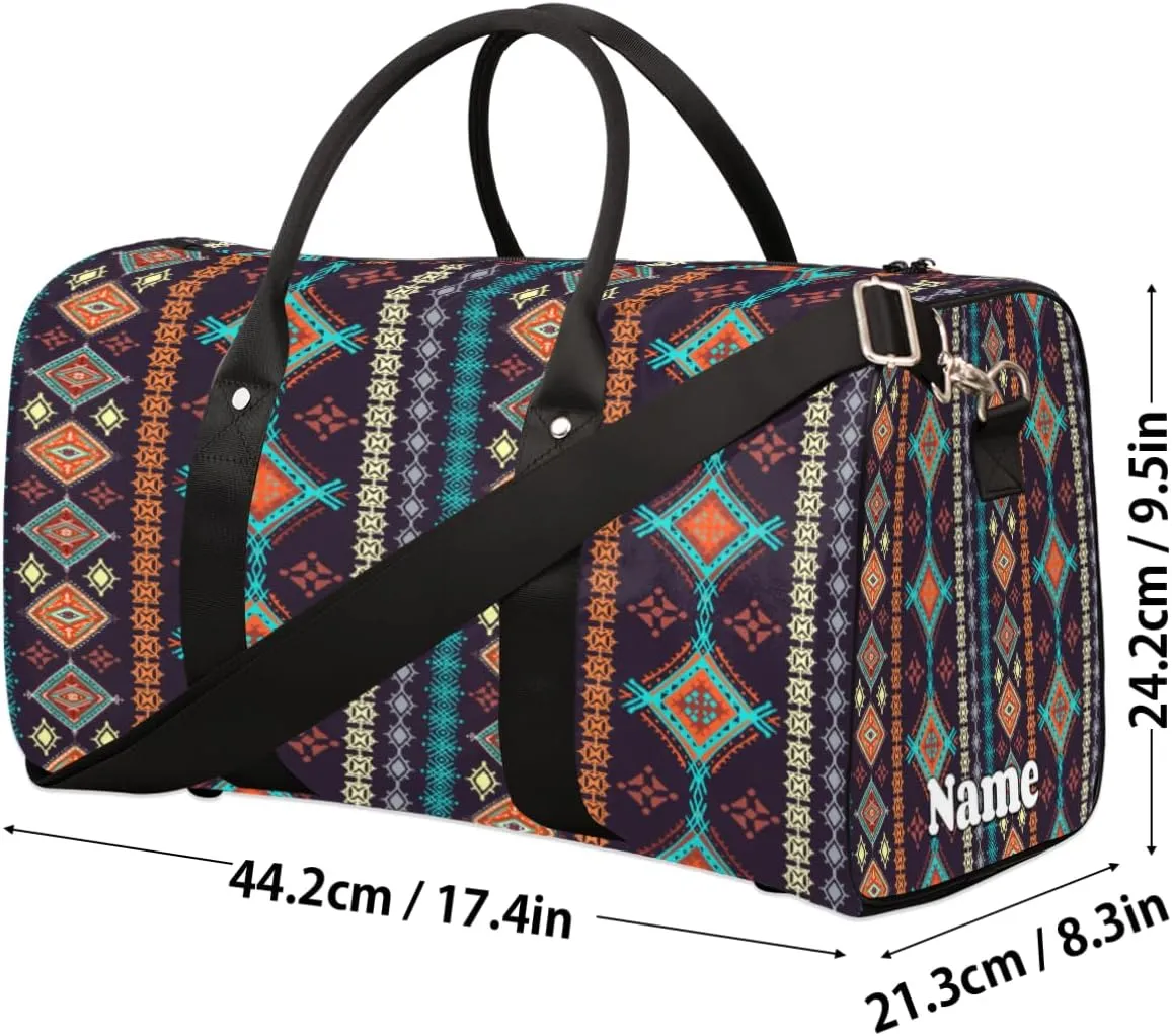 Sports Gym Duffel Bag Customized Name for Women & Men, Aztec Ethnic Tribes Waterproof Tote Beach Bag Foldable Personal Item Travel Bag for Weekender Overnight Dance Carry-On Bag