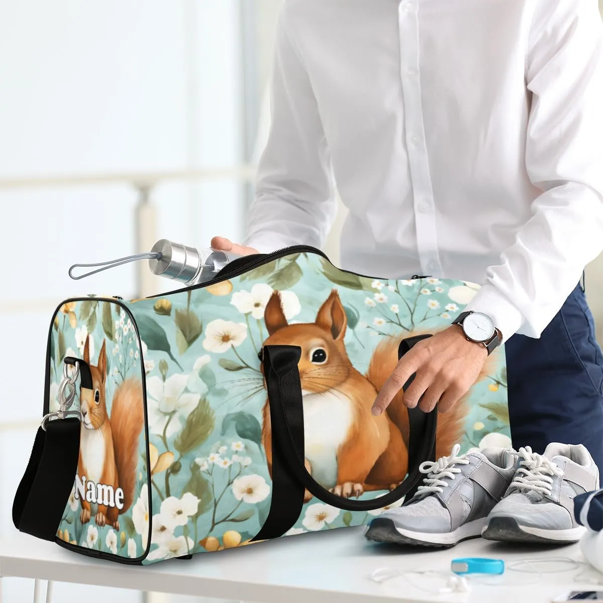 Sports Gym Duffel Bag Customized Name for Women & Men, Squirrel Daisy Waterproof Tote Beach Bag Foldable Personal Item Travel Bag for Weekender Overnight Dance Carry-On Bag