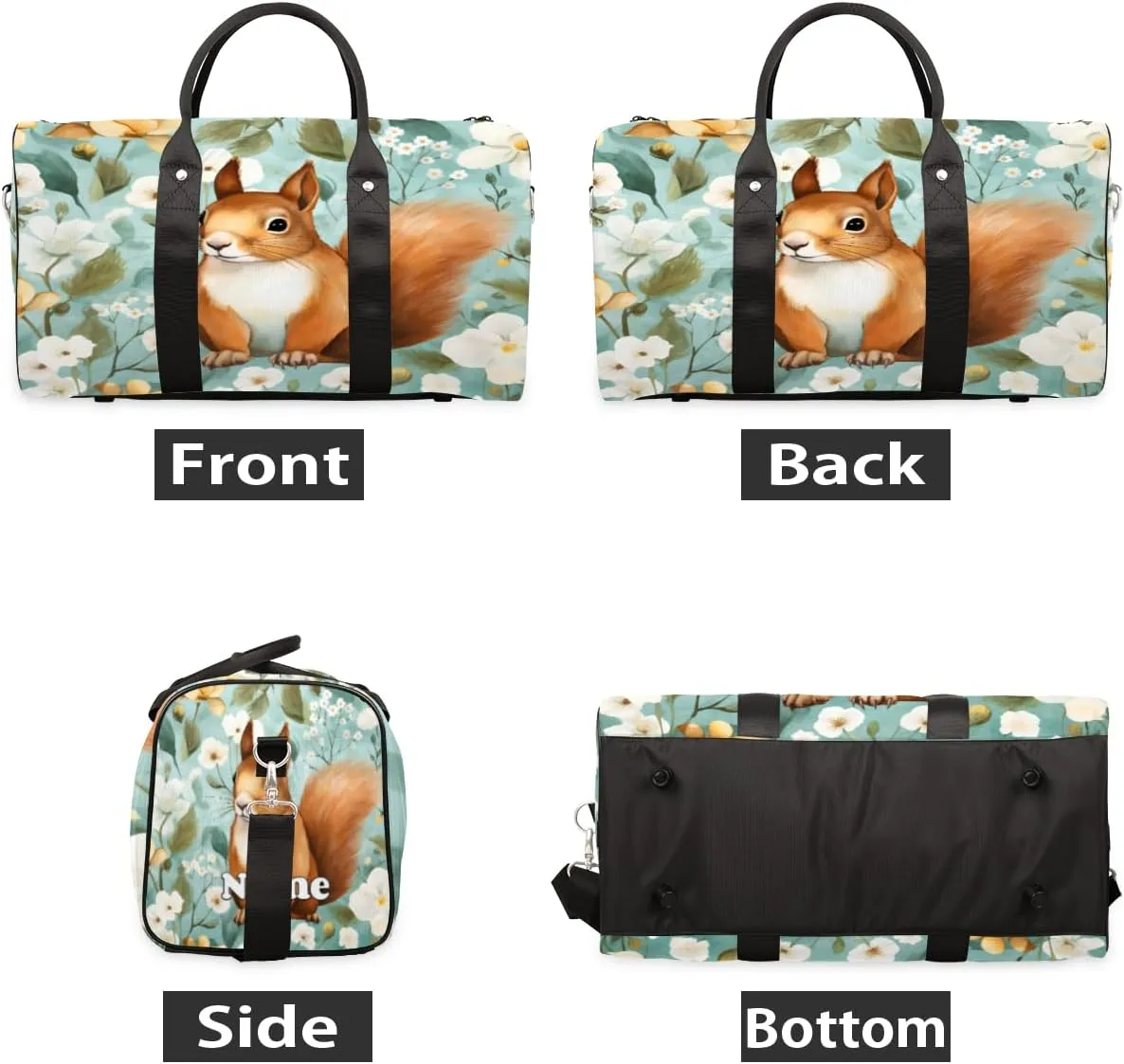 Sports Gym Duffel Bag Customized Name for Women & Men, Squirrel Daisy Waterproof Tote Beach Bag Foldable Personal Item Travel Bag for Weekender Overnight Dance Carry-On Bag