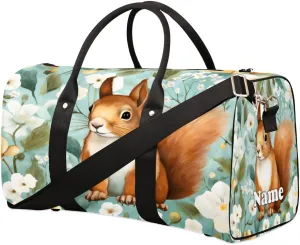 Sports Gym Duffel Bag Customized Name for Women & Men, Squirrel Daisy Waterproof Tote Beach Bag Foldable Personal Item Travel Bag for Weekender Overnight Dance Carry-On Bag