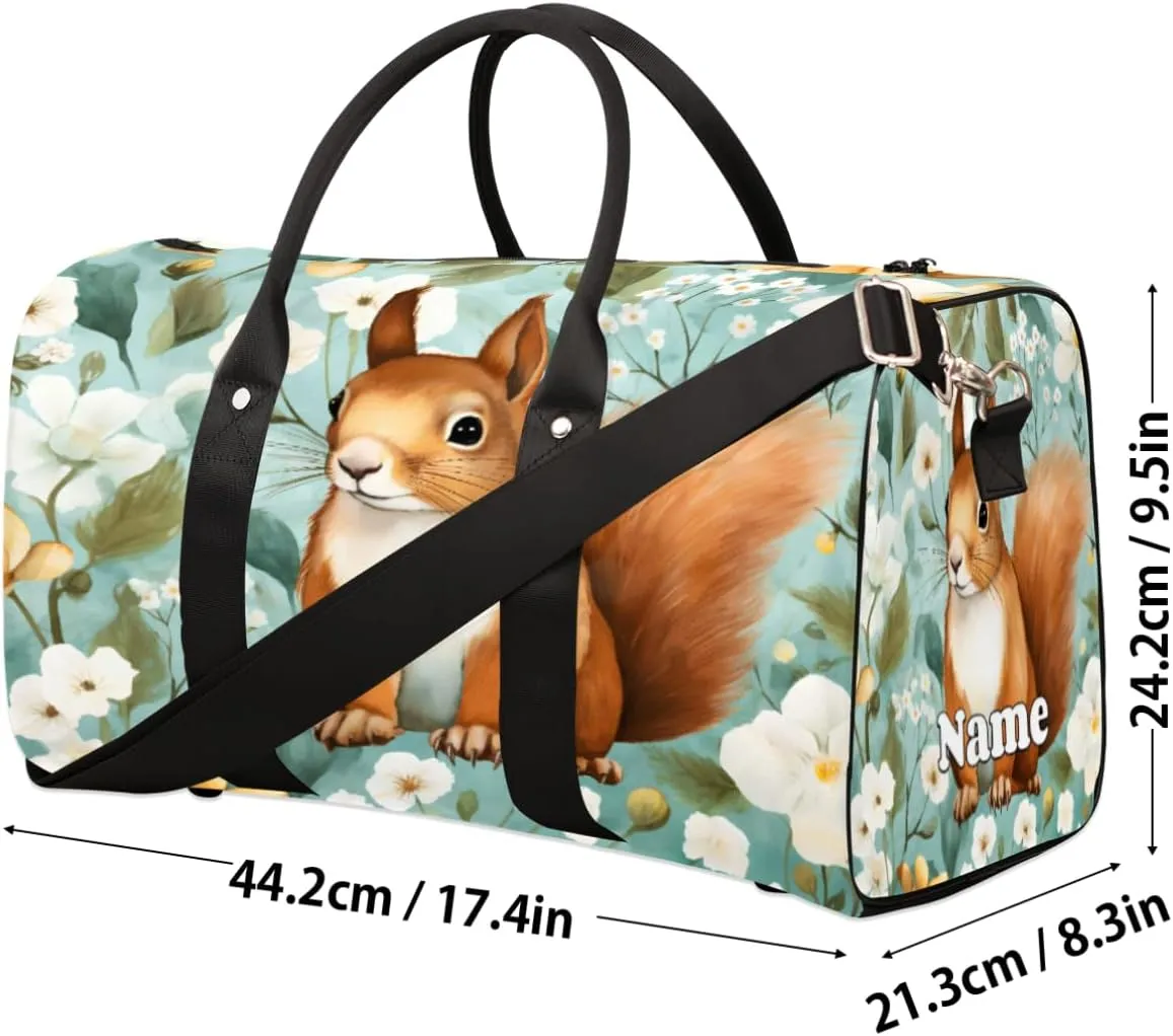 Sports Gym Duffel Bag Customized Name for Women & Men, Squirrel Daisy Waterproof Tote Beach Bag Foldable Personal Item Travel Bag for Weekender Overnight Dance Carry-On Bag