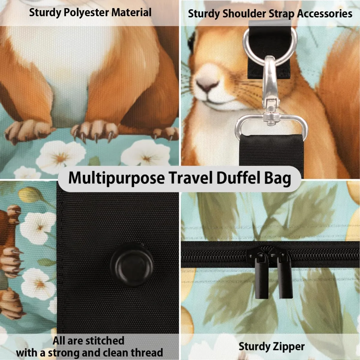 Sports Gym Duffel Bag Customized Name for Women & Men, Squirrel Daisy Waterproof Tote Beach Bag Foldable Personal Item Travel Bag for Weekender Overnight Dance Carry-On Bag