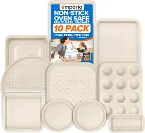 Stackable Baking Pan Set - Nonstick White Marble Coating, Carbon Steel Bakeware Sets, PFOA, PFOS, PTFE Free, Recipe Booklet Included, Oven Safe Tray (Up To 450° F), Set of 10 - White