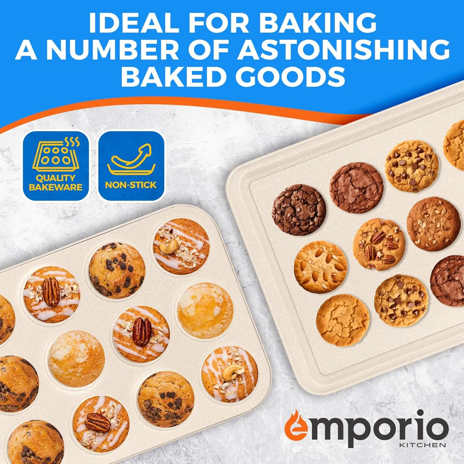 Stackable Baking Pan Set - Nonstick White Marble Coating, Carbon Steel Bakeware Sets, PFOA, PFOS, PTFE Free, Recipe Booklet Included, Oven Safe Tray (Up To 450° F), Set of 10 - White