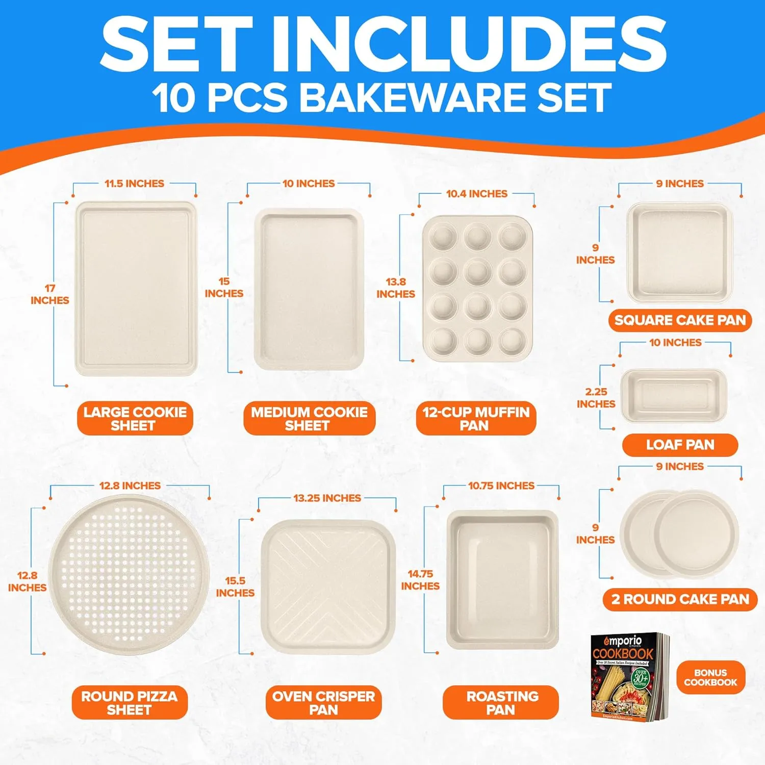 Stackable Baking Pan Set - Nonstick White Marble Coating, Carbon Steel Bakeware Sets, PFOA, PFOS, PTFE Free, Recipe Booklet Included, Oven Safe Tray (Up To 450° F), Set of 10 - White