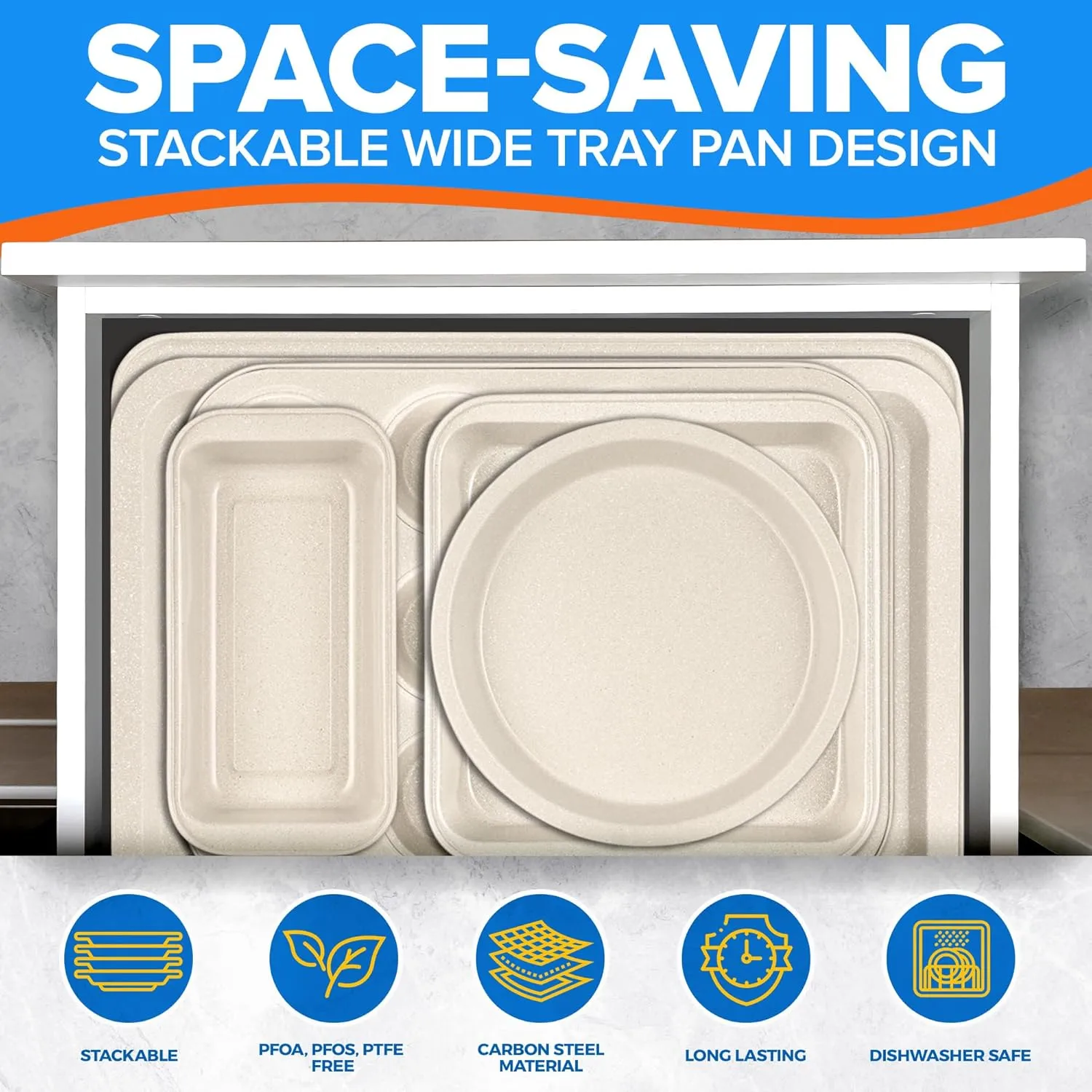 Stackable Baking Pan Set - Nonstick White Marble Coating, Carbon Steel Bakeware Sets, PFOA, PFOS, PTFE Free, Recipe Booklet Included, Oven Safe Tray (Up To 450° F), Set of 10 - White
