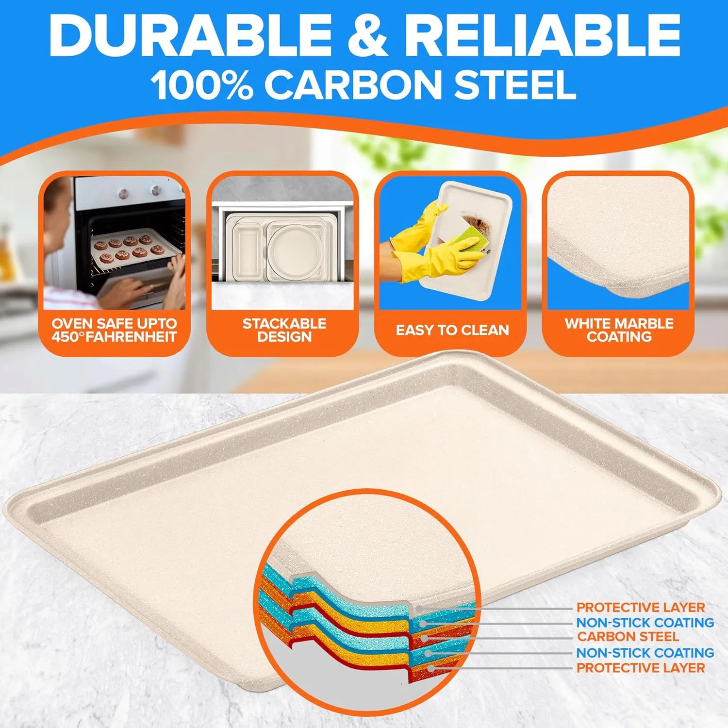 Stackable Baking Pan Set - Nonstick White Marble Coating, Carbon Steel Bakeware Sets, PFOA, PFOS, PTFE Free, Recipe Booklet Included, Oven Safe Tray (Up To 450° F), Set of 10 - White