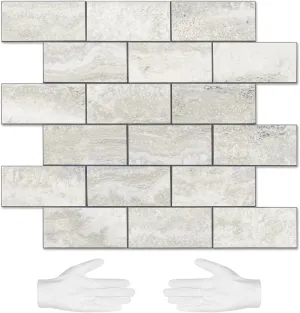 STICKGOO 10-Sheet Subway Tile Cream Peel and Stick Backsplash, Beige Stone Texture with Grey Grout Kitchen Backsplash Wall Tile, 3D Adhesive Stick on Tile for Bathroom, RV, Fireplace