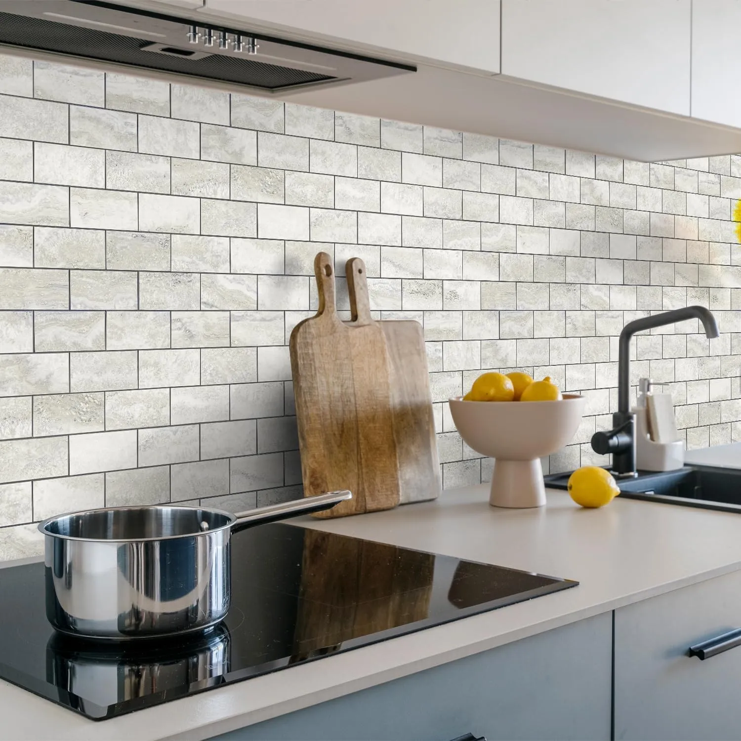 STICKGOO 10-Sheet Subway Tile Cream Peel and Stick Backsplash, Beige Stone Texture with Grey Grout Kitchen Backsplash Wall Tile, 3D Adhesive Stick on Tile for Bathroom, RV, Fireplace