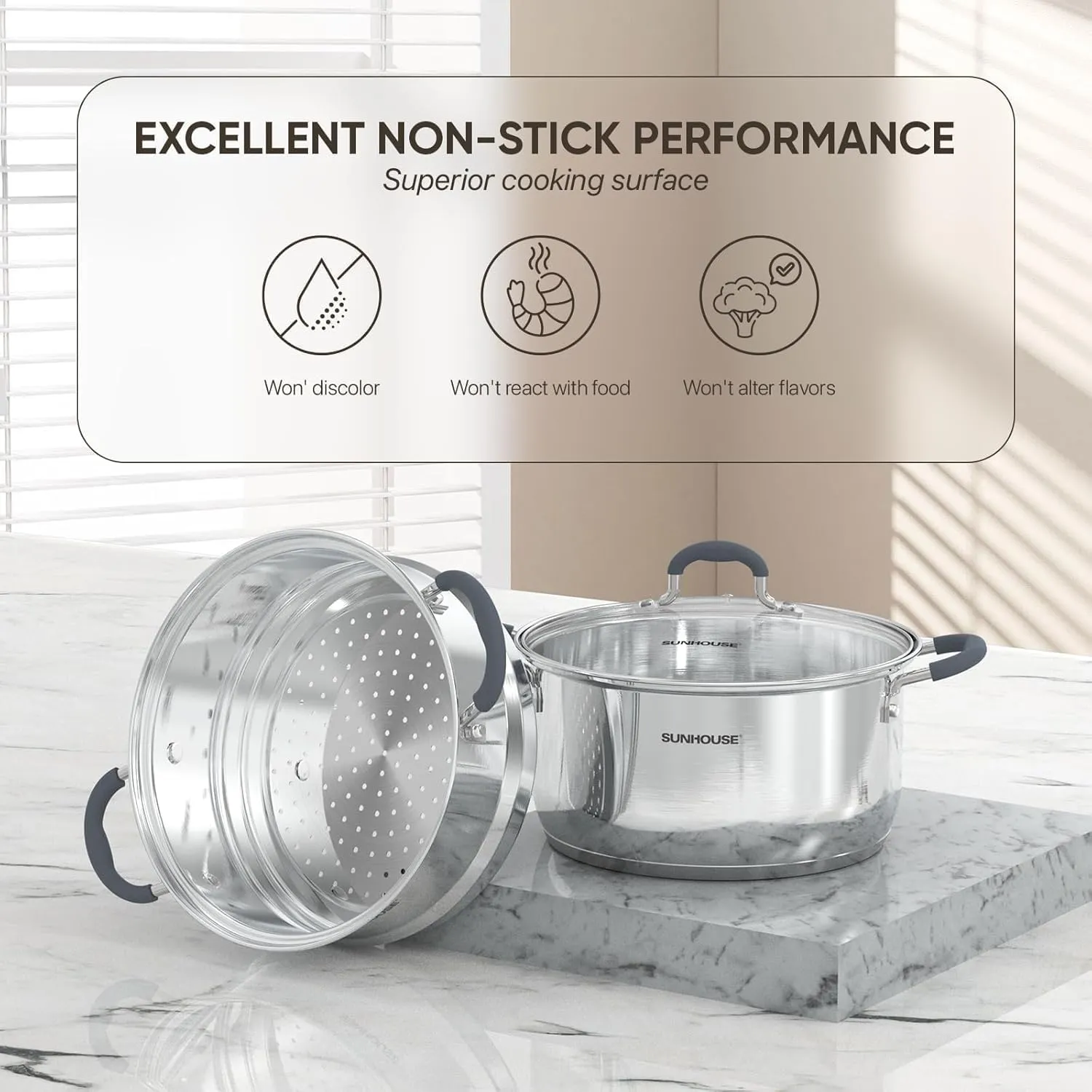 SUNHOUSE - 3.3 Quarts Steamer Pots With Lid 2-Tier Multipurpose Stainless Steel Steaming Pot Cookware For Vegetable, Dumpling, Sauce, Food - Triple Bottom, Measurement Line