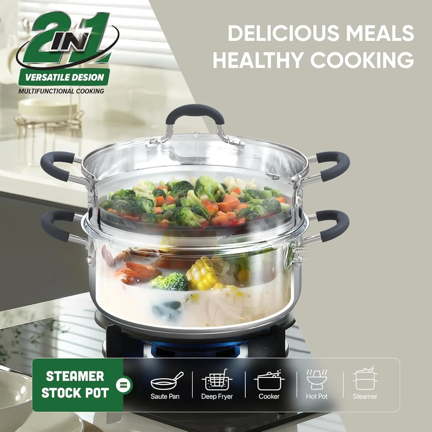 SUNHOUSE - 3.3 Quarts Steamer Pots With Lid 2-Tier Multipurpose Stainless Steel Steaming Pot Cookware For Vegetable, Dumpling, Sauce, Food - Triple Bottom, Measurement Line