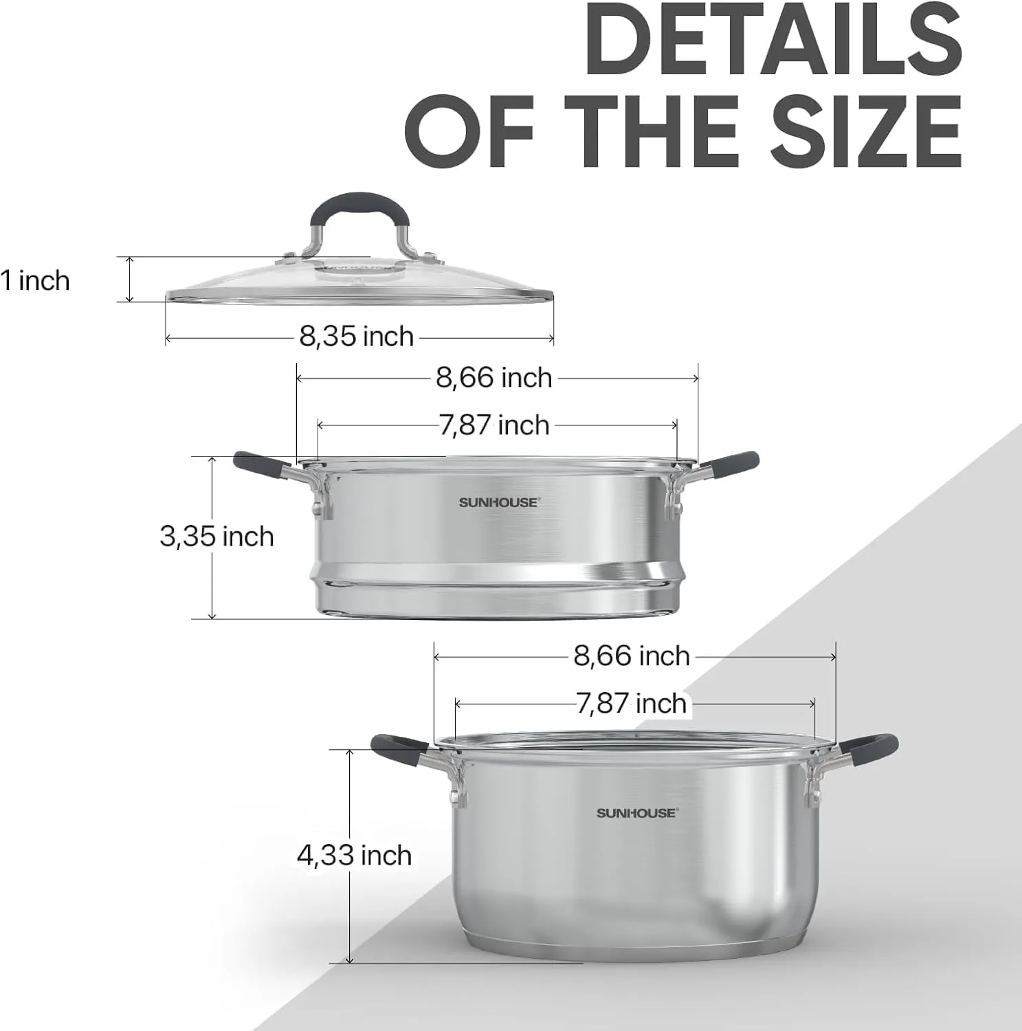 SUNHOUSE - 3.3 Quarts Steamer Pots With Lid 2-Tier Multipurpose Stainless Steel Steaming Pot Cookware For Vegetable, Dumpling, Sauce, Food - Triple Bottom, Measurement Line