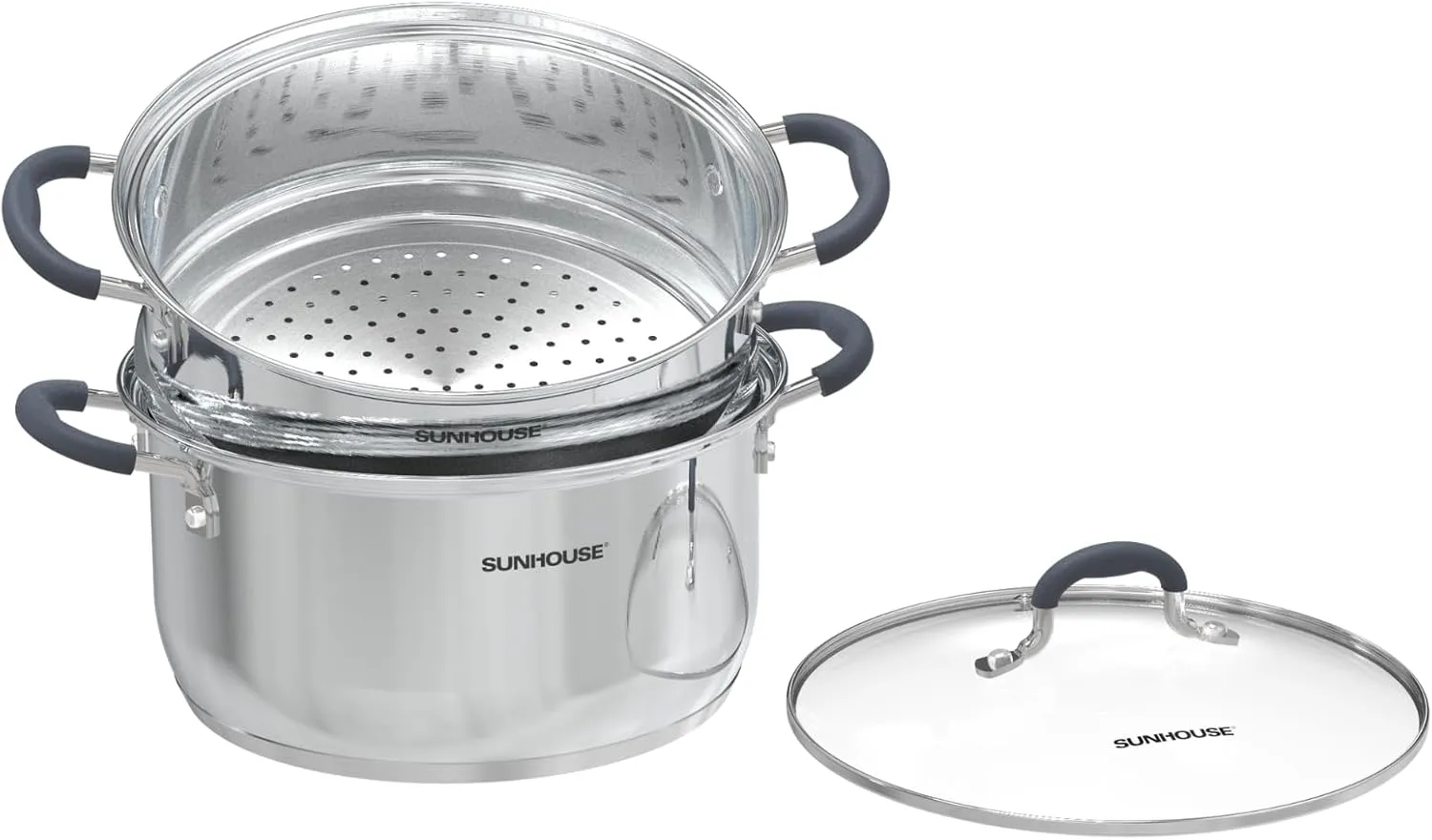 SUNHOUSE - 3.3 Quarts Steamer Pots With Lid 2-Tier Multipurpose Stainless Steel Steaming Pot Cookware For Vegetable, Dumpling, Sauce, Food - Triple Bottom, Measurement Line
