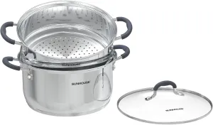 SUNHOUSE - 3.3 Quarts Steamer Pots With Lid 2-Tier Multipurpose Stainless Steel Steaming Pot Cookware For Vegetable, Dumpling, Sauce, Food - Triple Bottom, Measurement Line