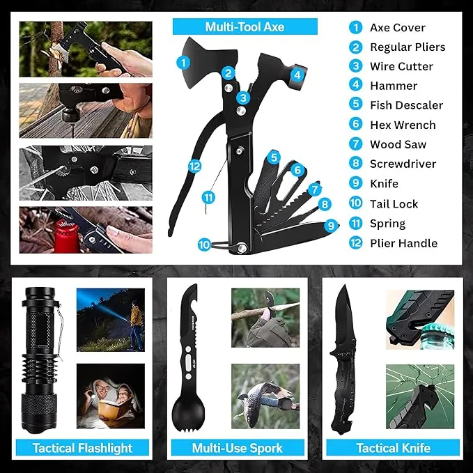 Survival Kit with Storage Case, Tactical Equipment for Camping, Backpacking, Adventures and More, Gift for Man, Dad, Husband (Black, 142 Pieces)