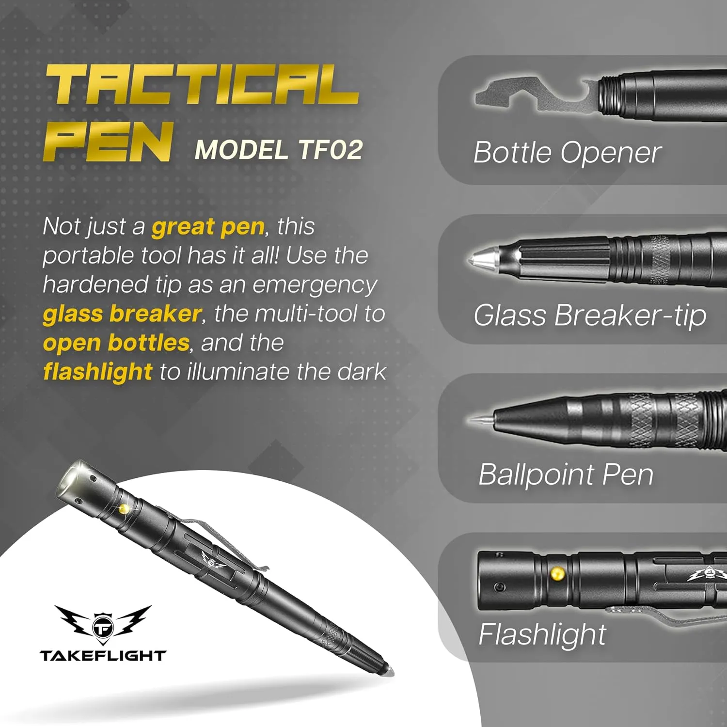 Tactical Pen - Self Defense Pen with Flashlight - Tactical Flashlight Multi Tool Survival Pen   Glass Breaker   Bottle Opener in Gift Box for Men & Women