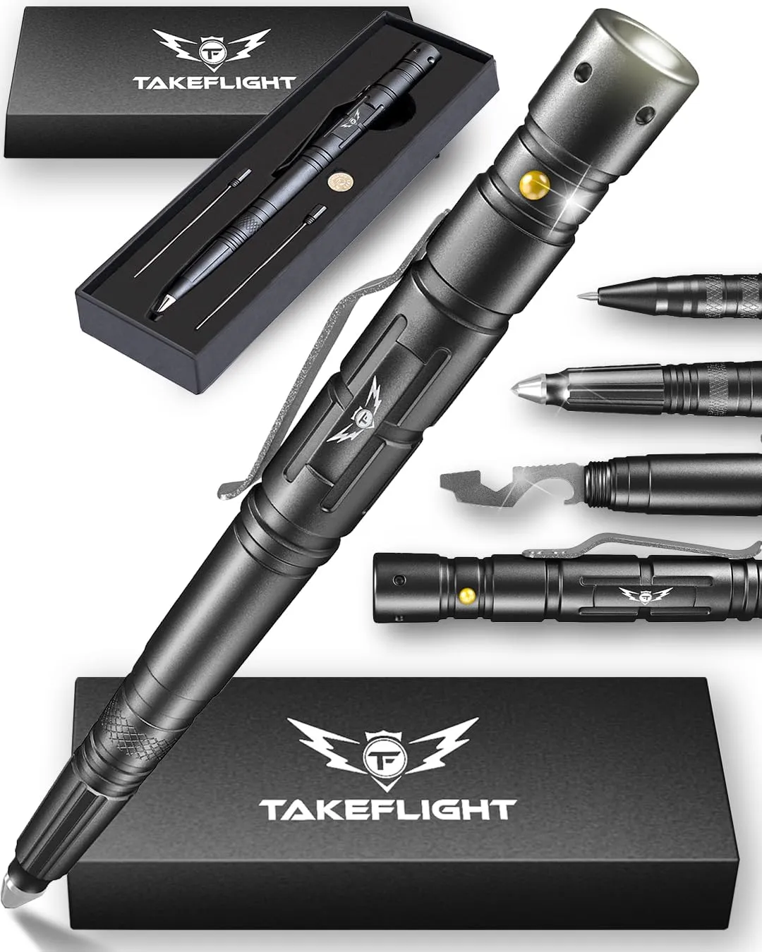 Tactical Pen - Self Defense Pen with Flashlight - Tactical Flashlight Multi Tool Survival Pen   Glass Breaker   Bottle Opener in Gift Box for Men & Women
