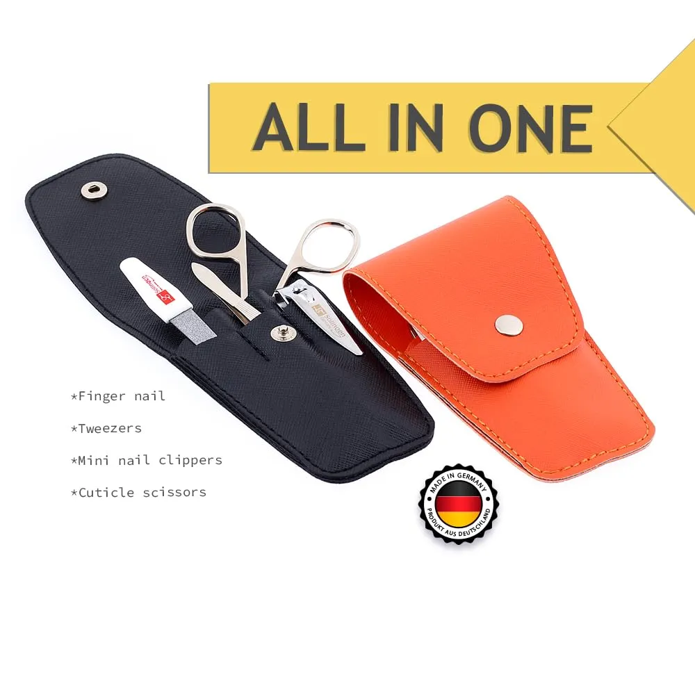 Tarko Solingen Travel Nail Clippers Manicure Set, 4 Pcs Nail Care Kit with Stylish Leather Carry Case & Nail Scissors - Professional Nail Clippers Set (Black)