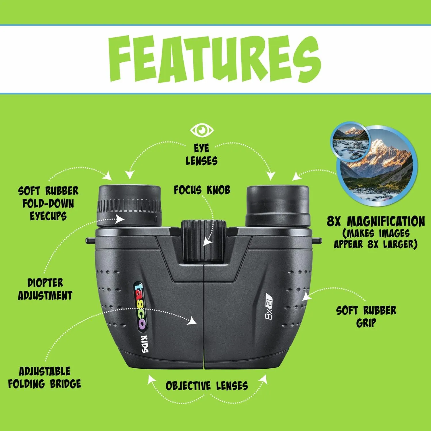 Tasco Kids Binoculars 8x21, Compact Binoculars for Kids Ages 3-12, Great for Adventures, Hiking, Camping, Travel, Bird Watching