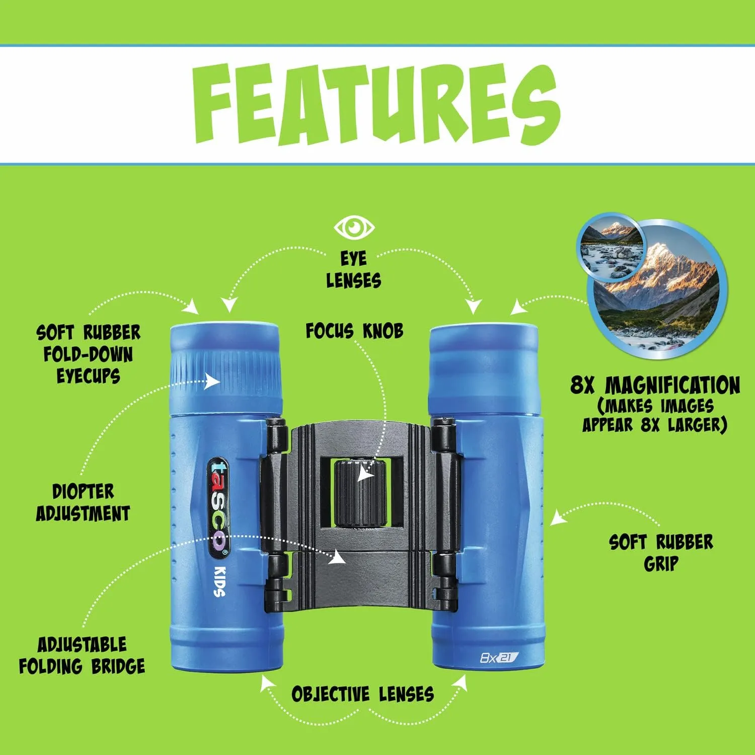 Tasco Kids Binoculars 8x21, Compact Binoculars for Kids Ages 3-12, Great for Adventures, Hiking, Camping, Travel, Bird Watching