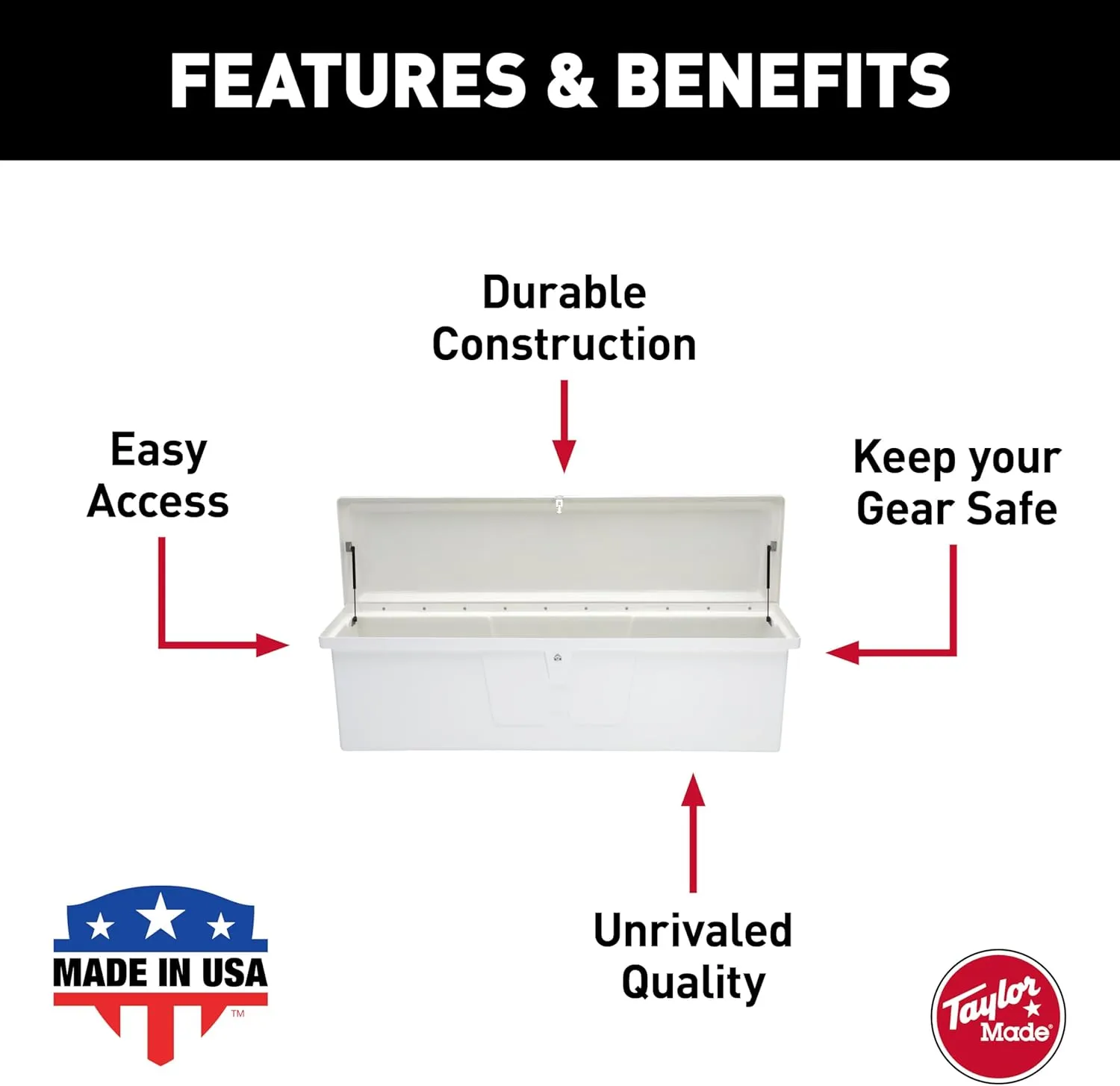 TAYLOR MADE PRODUCTS White 67.75"L x 27.75"W x 26"H Stow 'N Go UV-Resistant Polyethylene Waterproof Storage Box with Stainless Steel Lockable Latch for Docks, Decks, Patios, Pool Areas - 2020108529