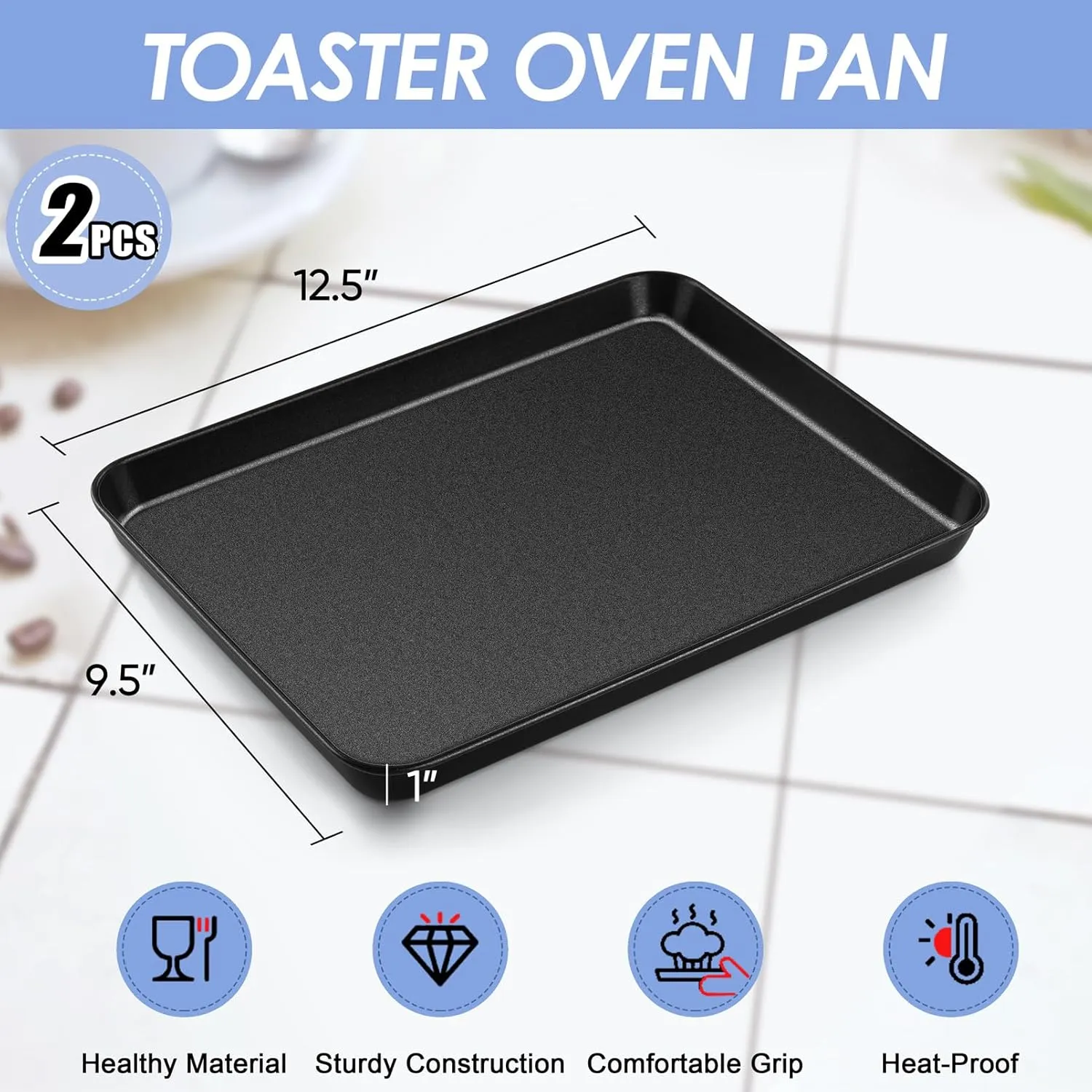 TeamFar Baking Pans, 12.5” x 9.7” x 1”, Carbon Steel Toaster Oven Cookie Sheet Pan Trays for Baking Roasting Serving, Healthy & Heavy-Duty, Nonstick & Easy Clean, Black - 2PCS