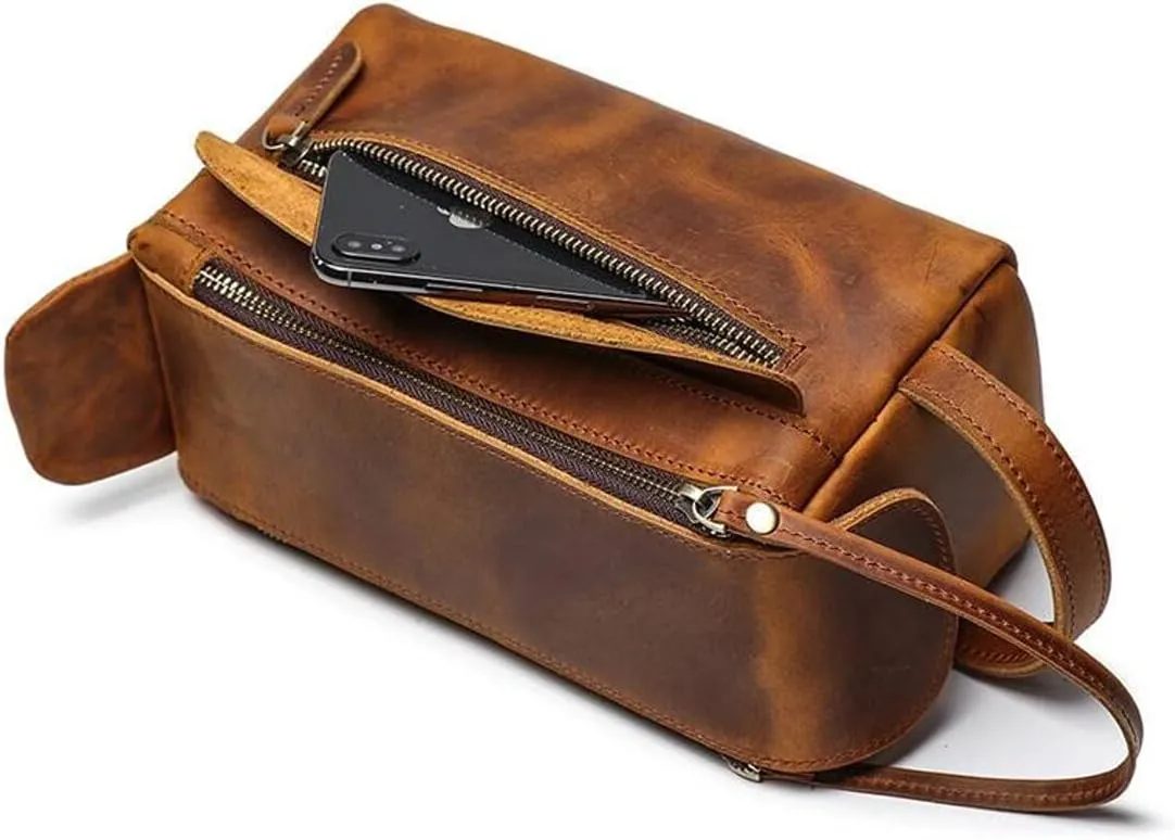 The Tannery Genuine Leather Toiletry Bag For Men & Women, Lightweight Pouch For Unisex, Durable Makeup Kit Bag For Essentials, Best Gift For Father's Day, Stylish Travel Organizer (Yellow Brown)