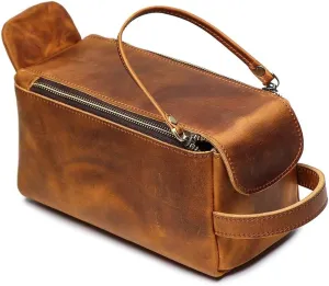 The Tannery Genuine Leather Toiletry Bag For Men & Women, Lightweight Pouch For Unisex, Durable Makeup Kit Bag For Essentials, Best Gift For Father's Day, Stylish Travel Organizer (Yellow Brown)