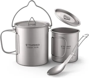 Titanium Cup Set,Titanium Pot, Lightweight Titanium 3 Pieces Set Titanium 750ml Pot 450ml Water Cup Mug with Lid Collapsible Handle Folding Spork for Outdoor Camping Hiking Backpacking