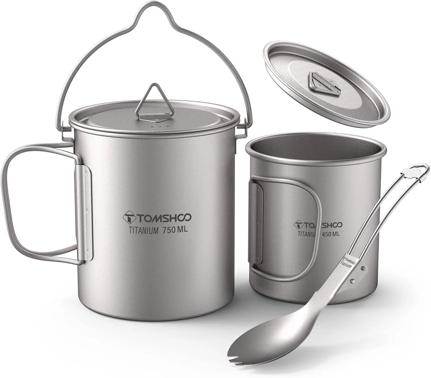 Titanium Cup Set,Titanium Pot, Lightweight Titanium 3 Pieces Set Titanium 750ml Pot 450ml Water Cup Mug with Lid Collapsible Handle Folding Spork for Outdoor Camping Hiking Backpacking