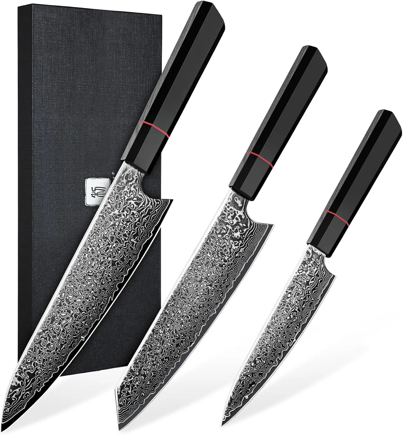 TIVOLI Damascus Knife Set 3PCS, Japanese Kitchen Knife With VG10，Ultra Sharp Cooking Knife Set With Octagonal Handle，Professional Chef Knives Set for Meat Vegetable Fruit, Ideal Gift for Dad，Mom