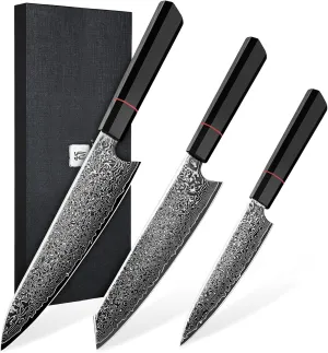 TIVOLI Damascus Knife Set 3PCS, Japanese Kitchen Knife With VG10，Ultra Sharp Cooking Knife Set With Octagonal Handle，Professional Chef Knives Set for Meat Vegetable Fruit, Ideal Gift for Dad，Mom