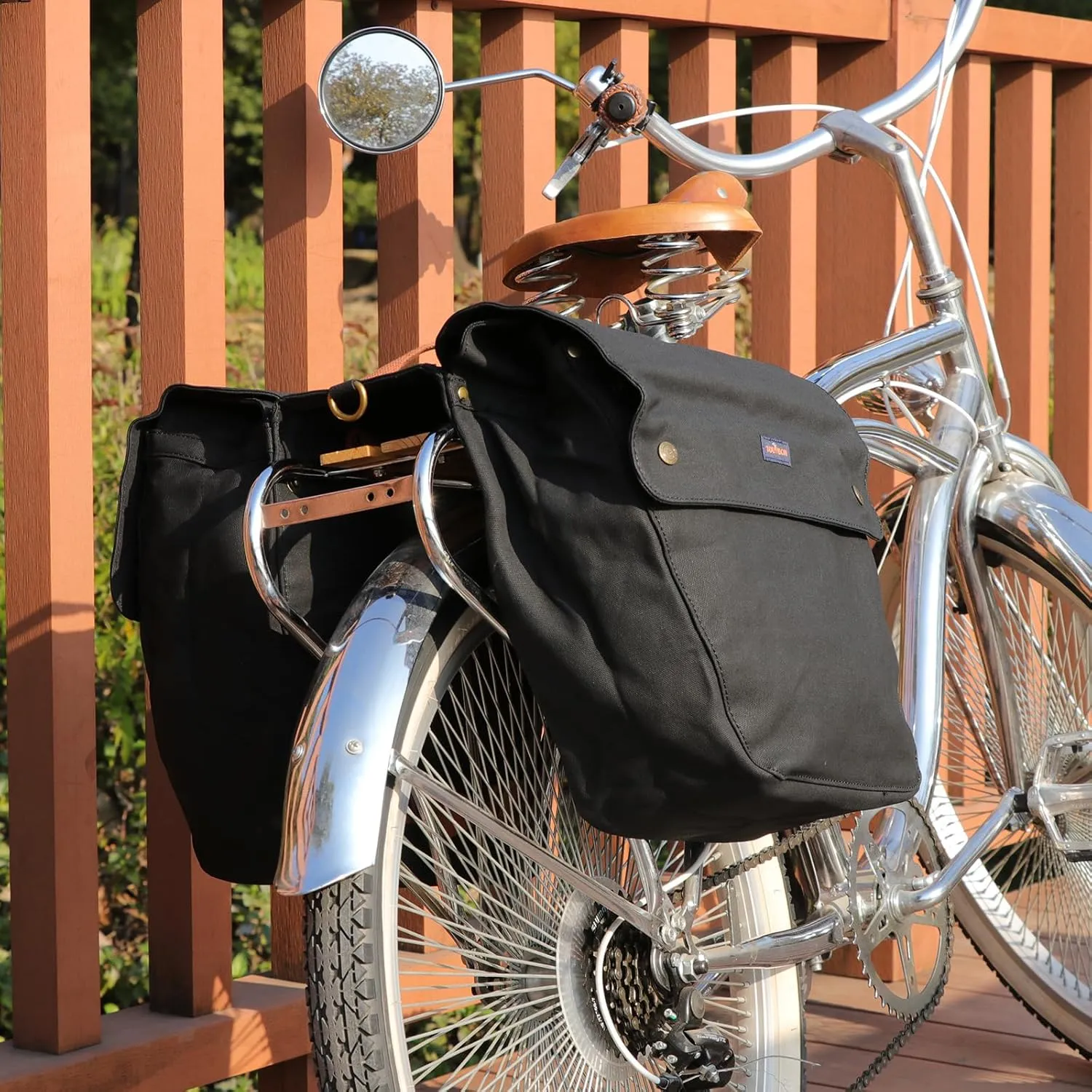 TOURBON Canvas Cycling Bicycle Bike Pannier Rear Seat Bag Rack Trunk (Waterproof, Roll-Up) (Black)