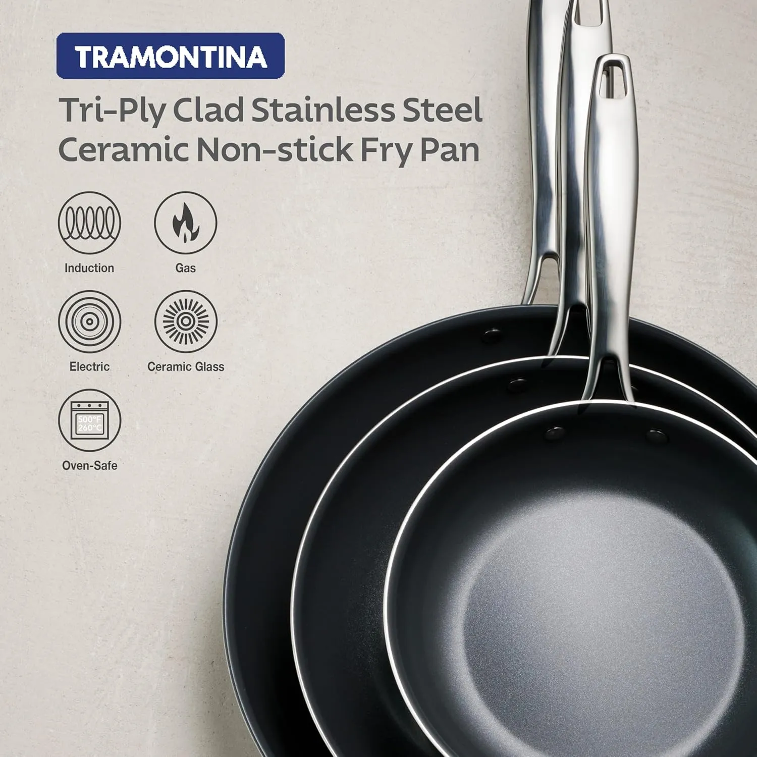 Tramontina Seattle 12-Inch Tri-Ply Clad Stainless Steel Large Frying Pan with Ceramic Non Stick Interior, Induction-Ready Nonstick Skillet, Oven-Safe, Dishwasher-Safe