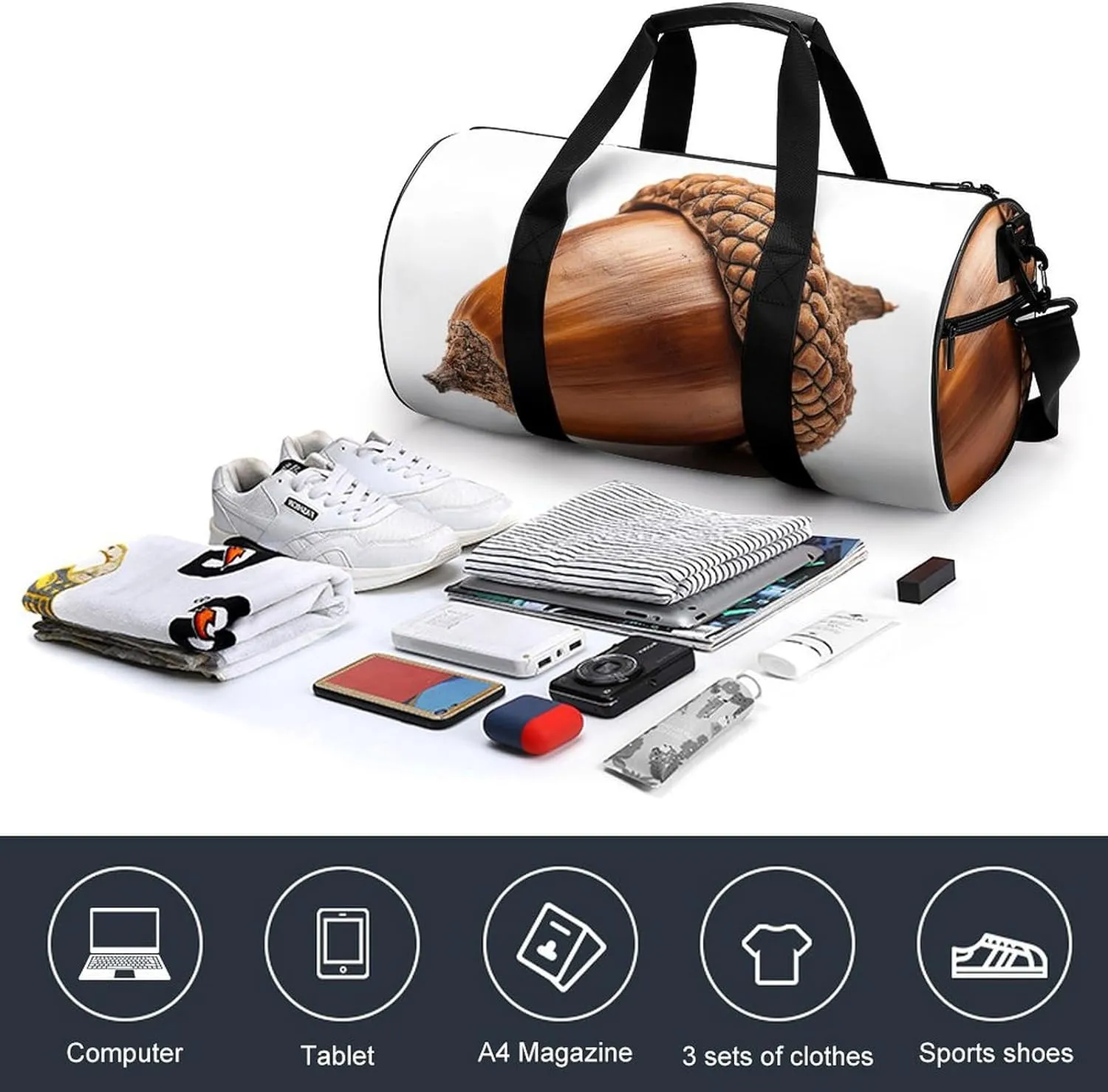 Travel Duffel Bag for Men And Women,Real Acorn Images Waterproof Sports Fitness Bag Portable Travel Duffel Bag