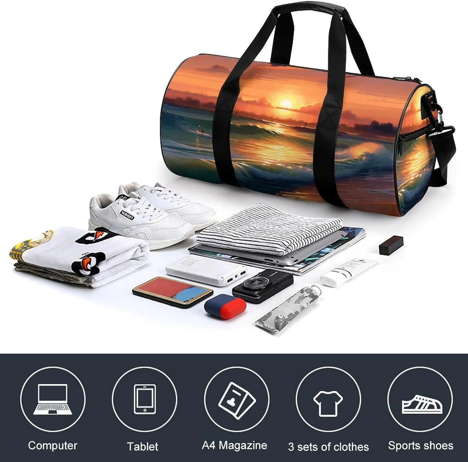 Travel Duffel Bag for Men And Women,Sunset Seaside Waterproof Sports Fitness Bag Portable Travel Duffel Bag