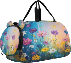 Travel Duffle Bag for Kids Boys Girls Daisies Sunflowers Flowers Sports Bag Overnighter Duffle Sleepover Weekender with Shoes Compartment