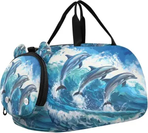 Travel Duffle Bag for Kids Boys Girls Dolphins Jumped Blue Ocean Sports Bag Overnighter Duffle Sleepover Weekender with Shoes Compartment