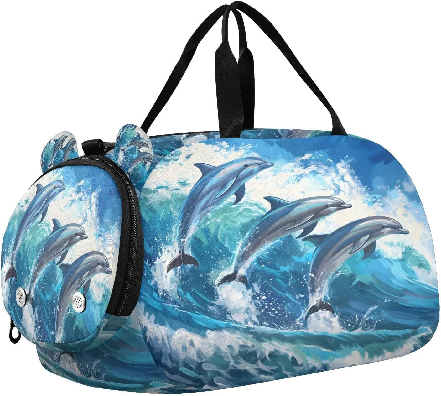 Travel Duffle Bag for Kids Boys Girls Dolphins Jumped Blue Ocean Sports Bag Overnighter Duffle Sleepover Weekender with Shoes Compartment