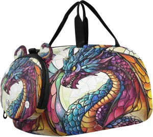 Travel Duffle Bag for Kids Boys Girls Dragon Stained Glass Colorful Pattern Sports Bag Overnighter Duffle Sleepover Weekender with Shoes Compartment