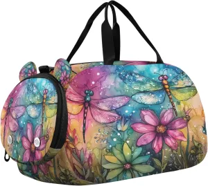 Travel Duffle Bag for Kids Boys Girls Dragonflies Tie Dye Plant Floral Sports Bag Overnighter Duffle Sleepover Weekender with Shoes Compartment
