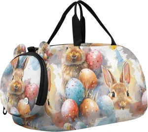 Travel Duffle Bag for Kids Boys Girls Easter Bunny Rabbit Cute Pattern Sports Bag Overnighter Duffle Sleepover Weekender with Shoes Compartment