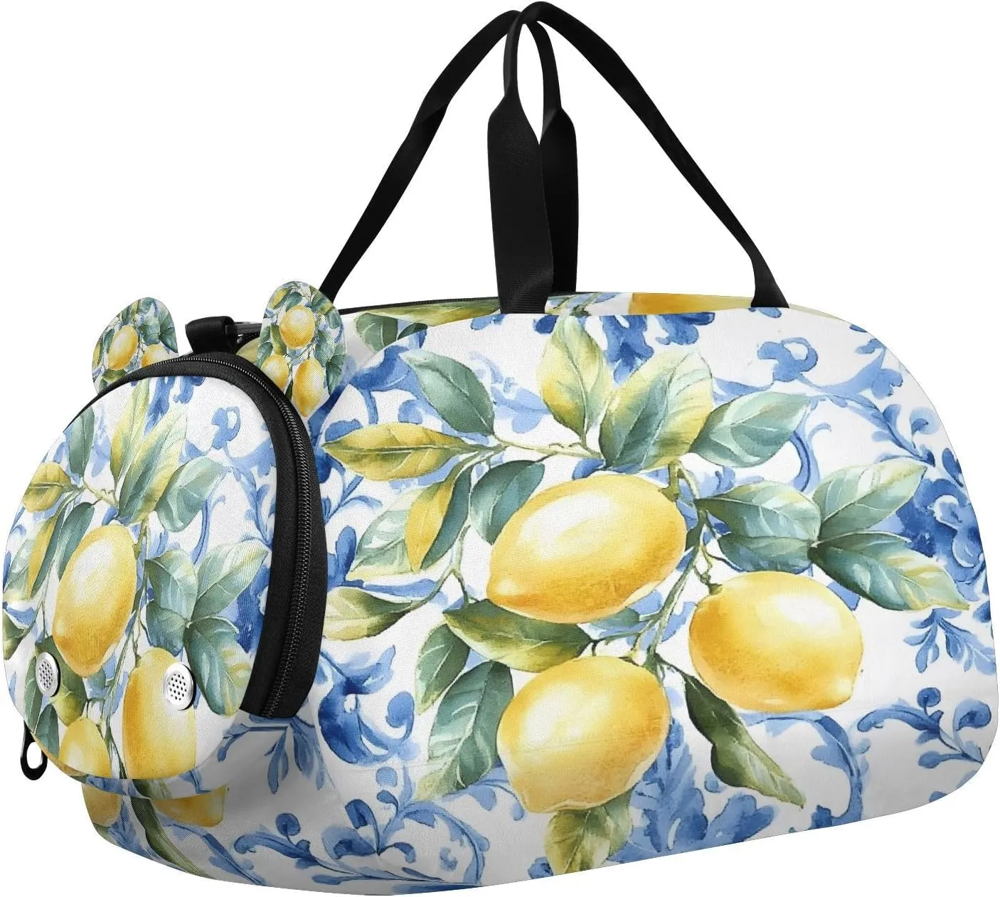 Travel Duffle Bag for Kids Boys Girls Lemon Blue Leaves Tiles Italian Sports Bag Overnighter Duffle Sleepover Weekender with Shoes Compartment
