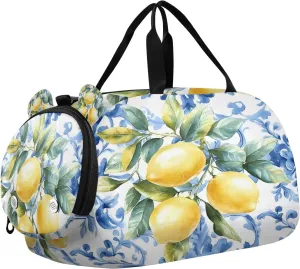 Travel Duffle Bag for Kids Boys Girls Lemon Blue Leaves Tiles Italian Sports Bag Overnighter Duffle Sleepover Weekender with Shoes Compartment