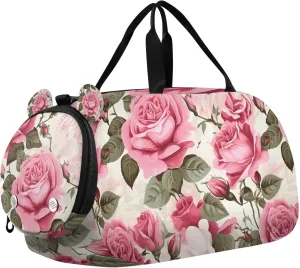Travel Duffle Bag for Kids Boys Girls Pink Rose Vintage Floral Sports Bag Overnighter Duffle Sleepover Weekender with Shoes Compartment