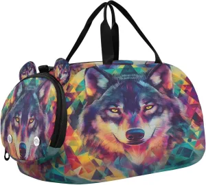 Travel Duffle Bag for Kids Boys Girls Wolf Colorful Geometric Galaxy Sports Bag Overnighter Duffle Sleepover Weekender with Shoes Compartment