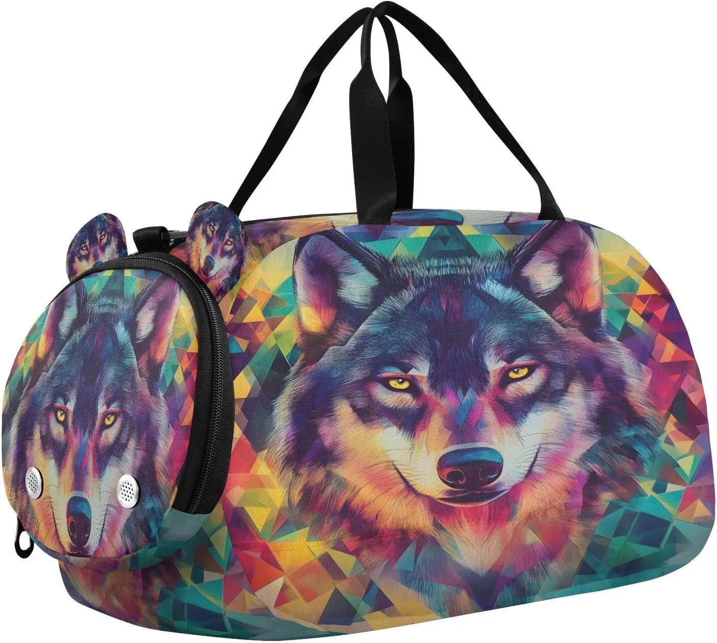Travel Duffle Bag for Kids Boys Girls Wolf Colorful Geometric Galaxy Sports Bag Overnighter Duffle Sleepover Weekender with Shoes Compartment