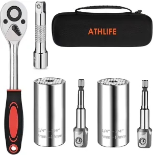 Universal Socket Wrench Tool Kit 7-19mm Socket Grip Tool Sets with 3/8 Ratchet Wrench Power Drill Adapter Gift for DIY Handyman, Husband, Boyfriend, Dad, Women (Silver)